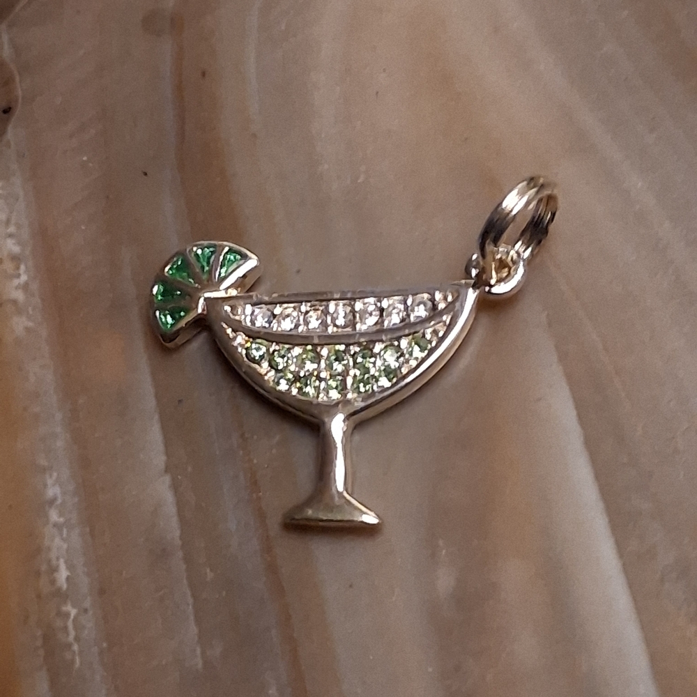 Gold-Tone Green Crystal Margarita Glass Charm Pendant - Women Jewelry